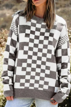 Best Dear-Lover Checkered Print Drop Shoulder Round Neck Sweater Gray