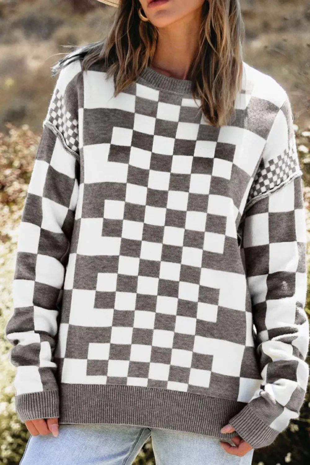 Best Dear-Lover Checkered Print Drop Shoulder Round Neck Sweater Gray