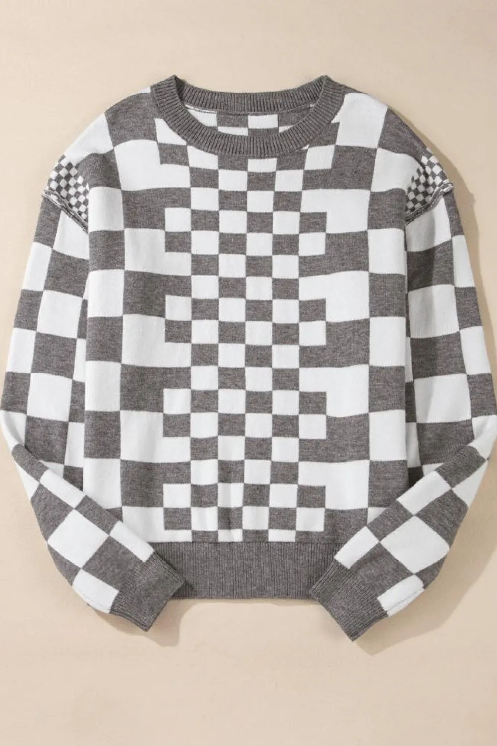 Best Dear-Lover Checkered Print Drop Shoulder Round Neck Sweater Gray