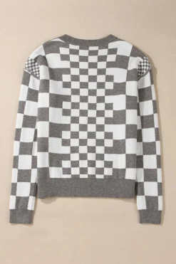Best Dear-Lover Checkered Print Drop Shoulder Round Neck Sweater Gray