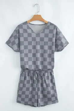 Discount Dear-Lover Checkered V Neck Tee Drawstring Shorts Lounge Set Gray