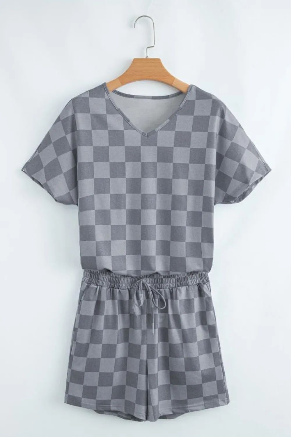 Discount Dear-Lover Checkered V Neck Tee Drawstring Shorts Lounge Set Gray