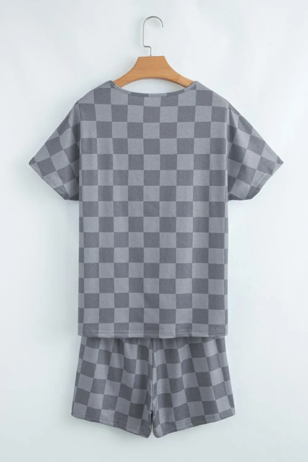 Discount Dear-Lover Checkered V Neck Tee Drawstring Shorts Lounge Set Gray