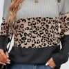 New Dear-Lover Cheetah Textured Patchwork Buttoned Round Neck T Shirt Gray