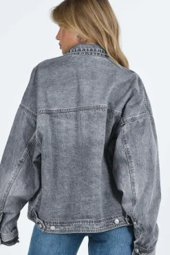Online Dear-Lover Chest Pockets Drop Shoulder Loose Denim Jacket Gray