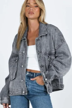 Online Dear-Lover Chest Pockets Drop Shoulder Loose Denim Jacket Gray