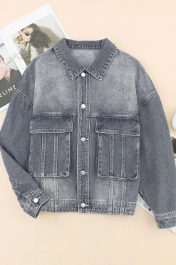 Online Dear-Lover Chest Pockets Drop Shoulder Loose Denim Jacket Gray