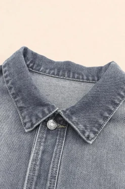 Online Dear-Lover Chest Pockets Drop Shoulder Loose Denim Jacket Gray