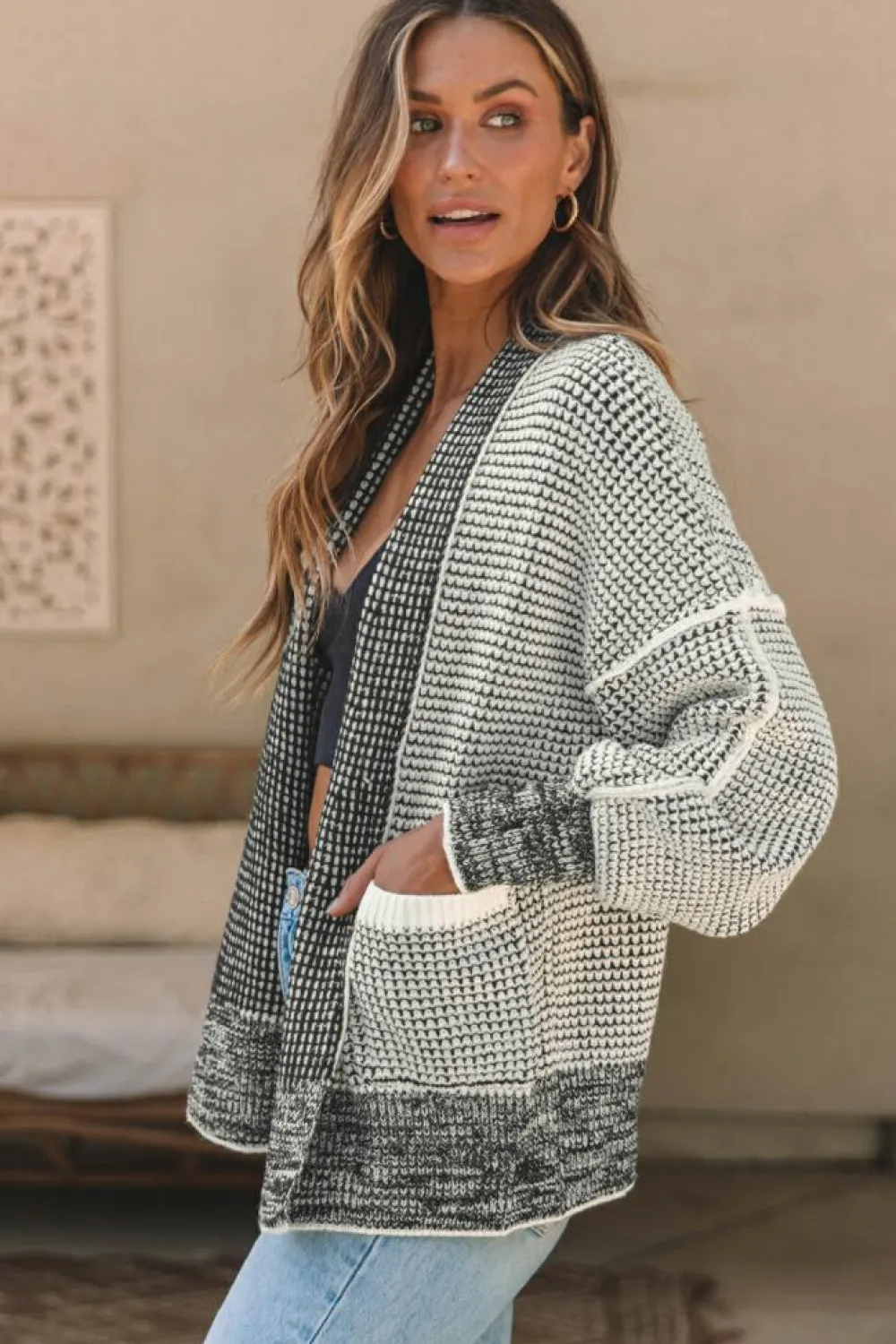 Clearance Dear-Lover Chunky Waffle Knit Oversized Collar Cardigan Gray