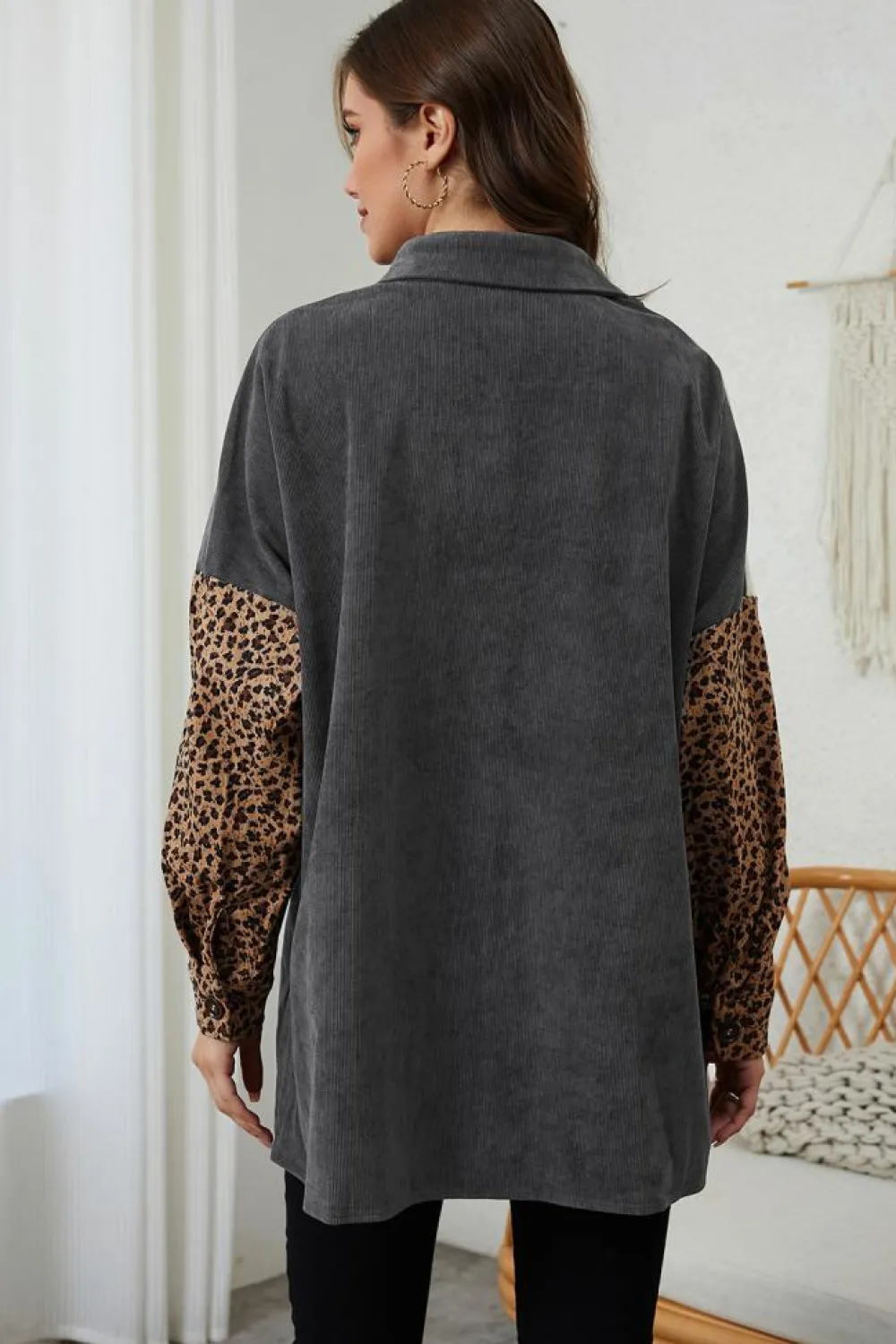 Clearance Dear-Lover Color Block Leopard Patched Corduroy Shacket Gray