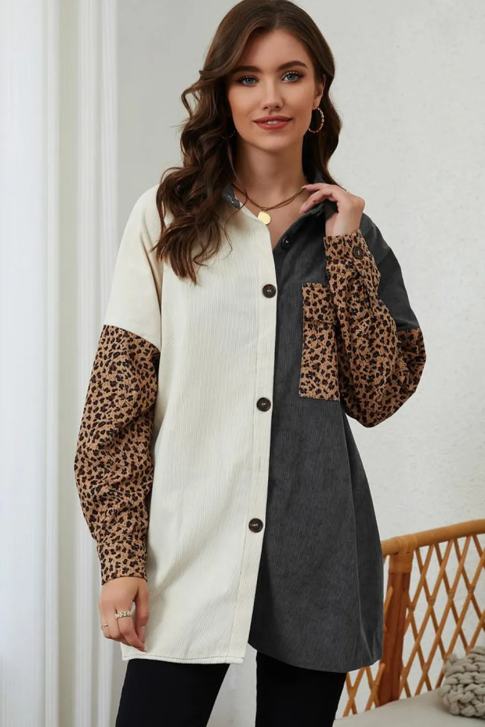 Clearance Dear-Lover Color Block Leopard Patched Corduroy Shacket Gray