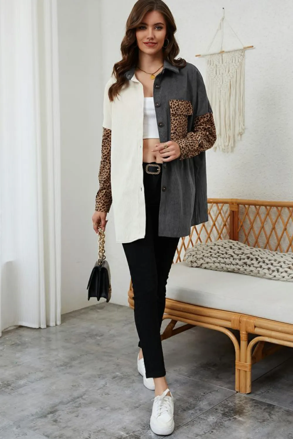 Clearance Dear-Lover Color Block Leopard Patched Corduroy Shacket Gray