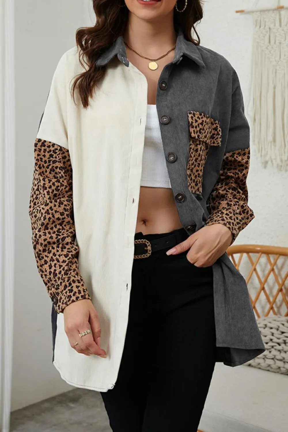Clearance Dear-Lover Color Block Leopard Patched Corduroy Shacket Gray
