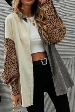 Clearance Dear-Lover Color Block Leopard Patched Corduroy Shacket Gray