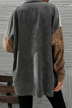 Clearance Dear-Lover Color Block Leopard Patched Corduroy Shacket Gray