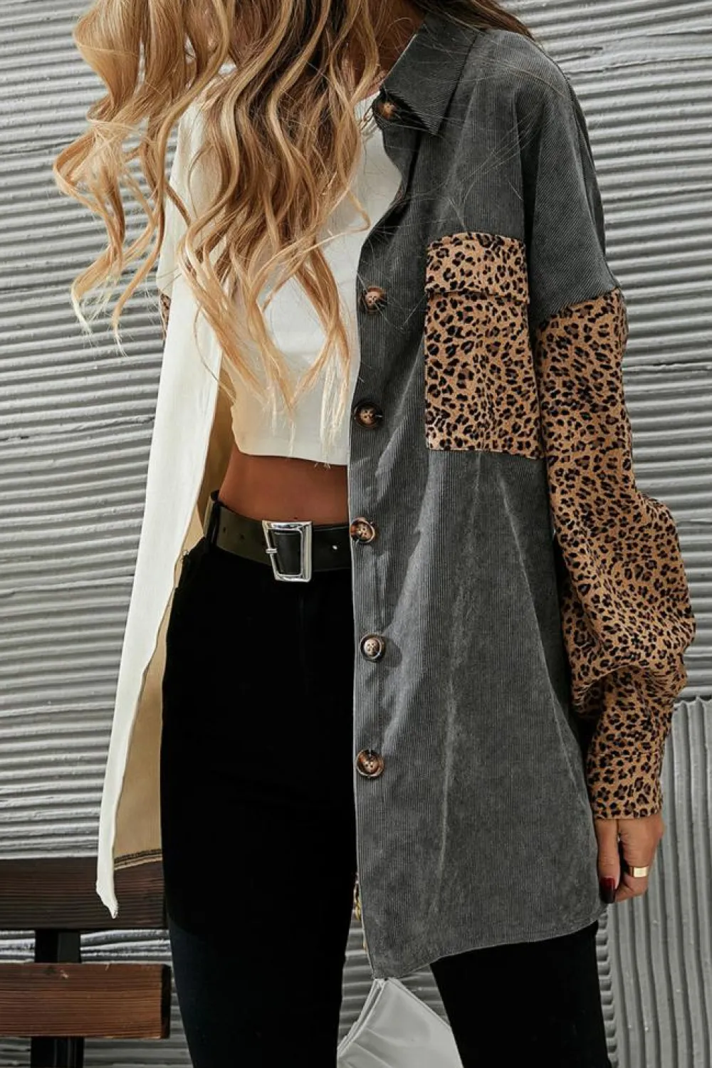 Clearance Dear-Lover Color Block Leopard Patched Corduroy Shacket Gray