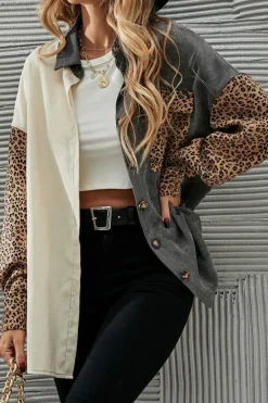Clearance Dear-Lover Color Block Leopard Patched Corduroy Shacket Gray