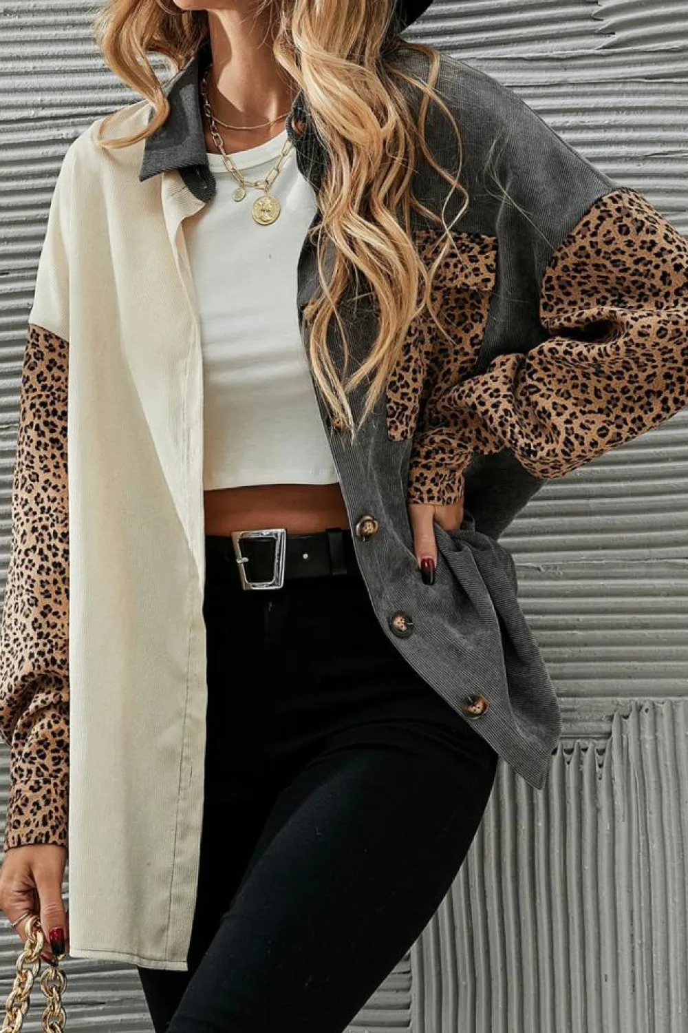 Clearance Dear-Lover Color Block Leopard Patched Corduroy Shacket Gray