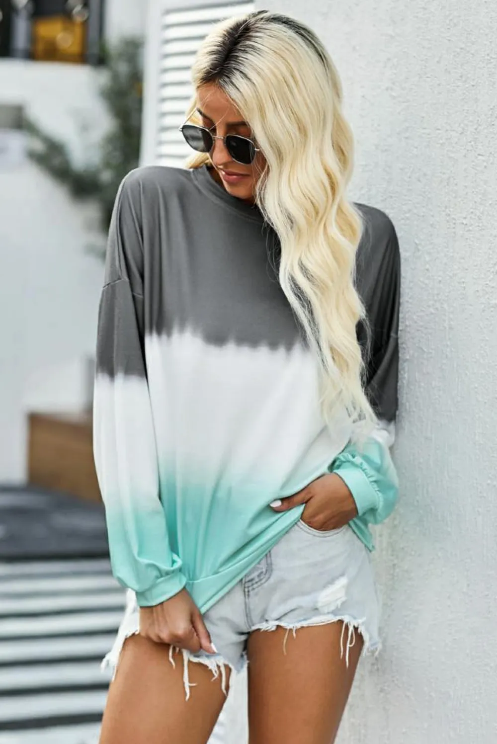 Sale Dear-Lover Color Block Tie Dye Pullover Sweatshirt Gray