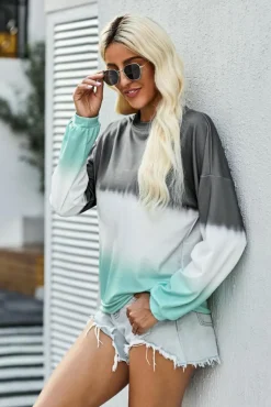 Sale Dear-Lover Color Block Tie Dye Pullover Sweatshirt Gray