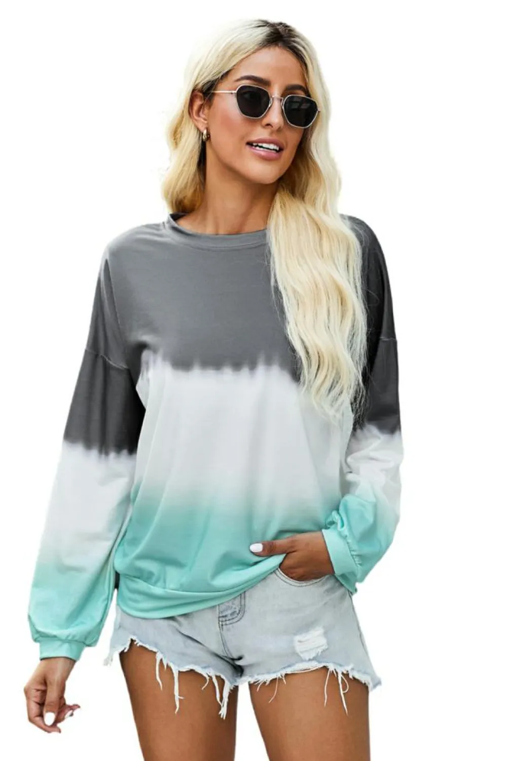 Sale Dear-Lover Color Block Tie Dye Pullover Sweatshirt Gray