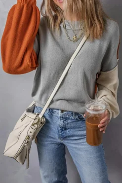 Clearance Dear-Lover Colorblock Bishop Sleeve Ribbed Trim Sweater Gray