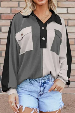 Online Dear-Lover Colorblock Ribbed Collared Oversized Sweatshirt Gray
