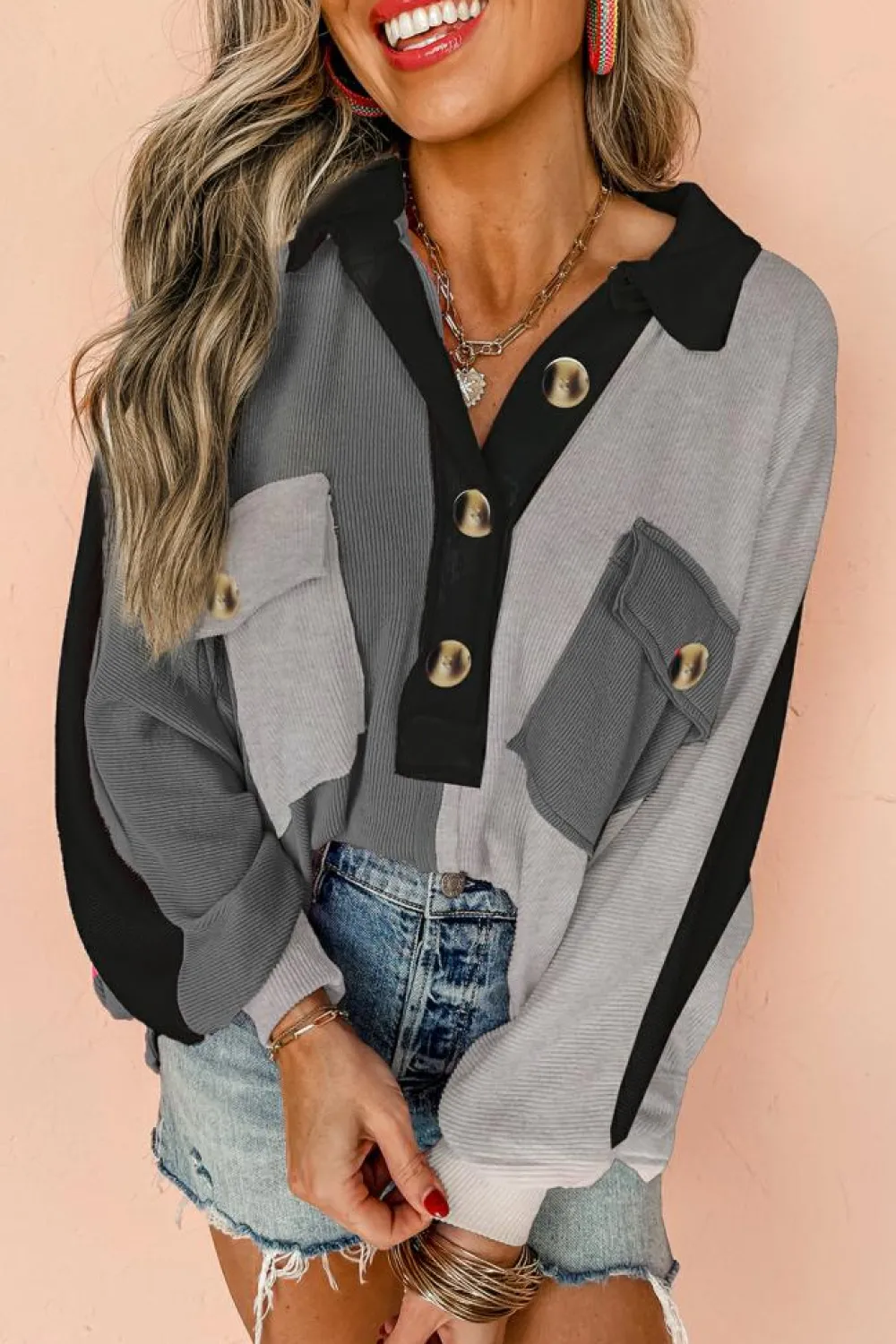 Online Dear-Lover Colorblock Ribbed Collared Oversized Sweatshirt Gray