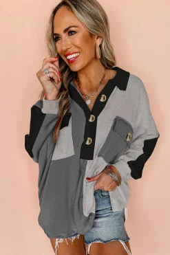 Online Dear-Lover Colorblock Ribbed Collared Oversized Sweatshirt Gray