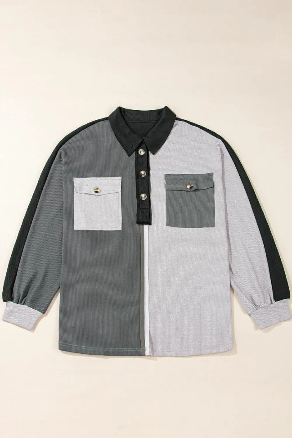Online Dear-Lover Colorblock Ribbed Collared Oversized Sweatshirt Gray