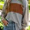 Discount Dear-Lover Colorblock Striped Bishop Sleeve Top Gray