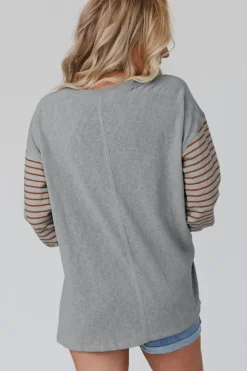Discount Dear-Lover Colorblock Striped Bishop Sleeve Top Gray