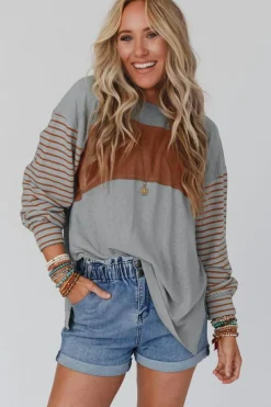 Discount Dear-Lover Colorblock Striped Bishop Sleeve Top Gray