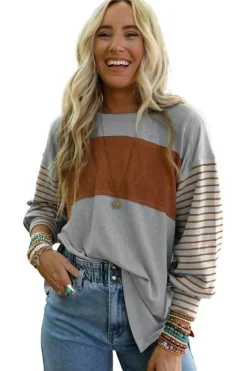 Discount Dear-Lover Colorblock Striped Bishop Sleeve Top Gray