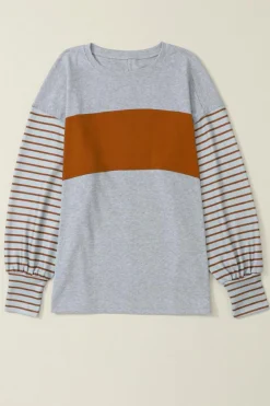 Discount Dear-Lover Colorblock Striped Bishop Sleeve Top Gray