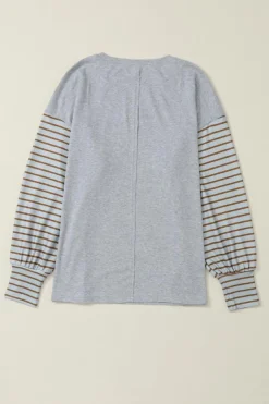 Discount Dear-Lover Colorblock Striped Bishop Sleeve Top Gray
