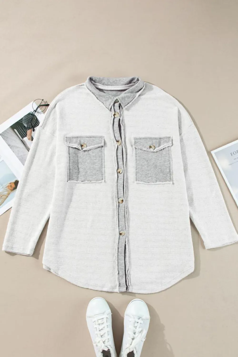 New Dear-Lover Contrast Flap Pockets Relaxed Shacket Gray