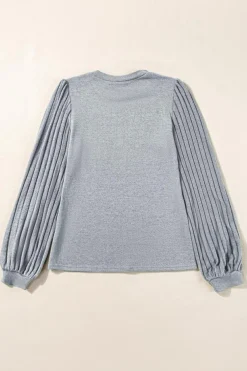 Discount Dear-Lover Contrast Ribbed Bishop Sleeve Top Gray