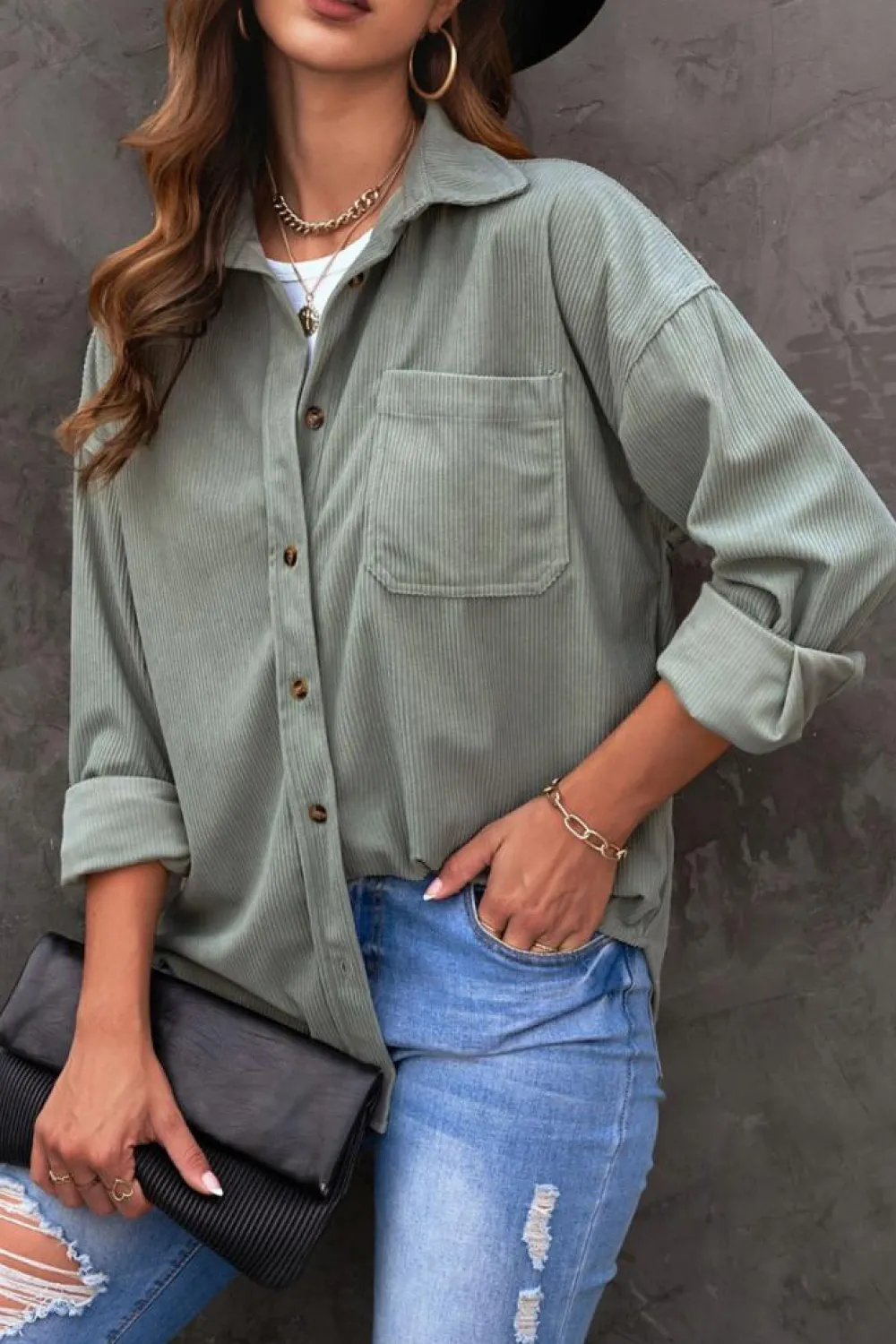 New Dear-Lover Corduroy Button Pocket Shirt Gray