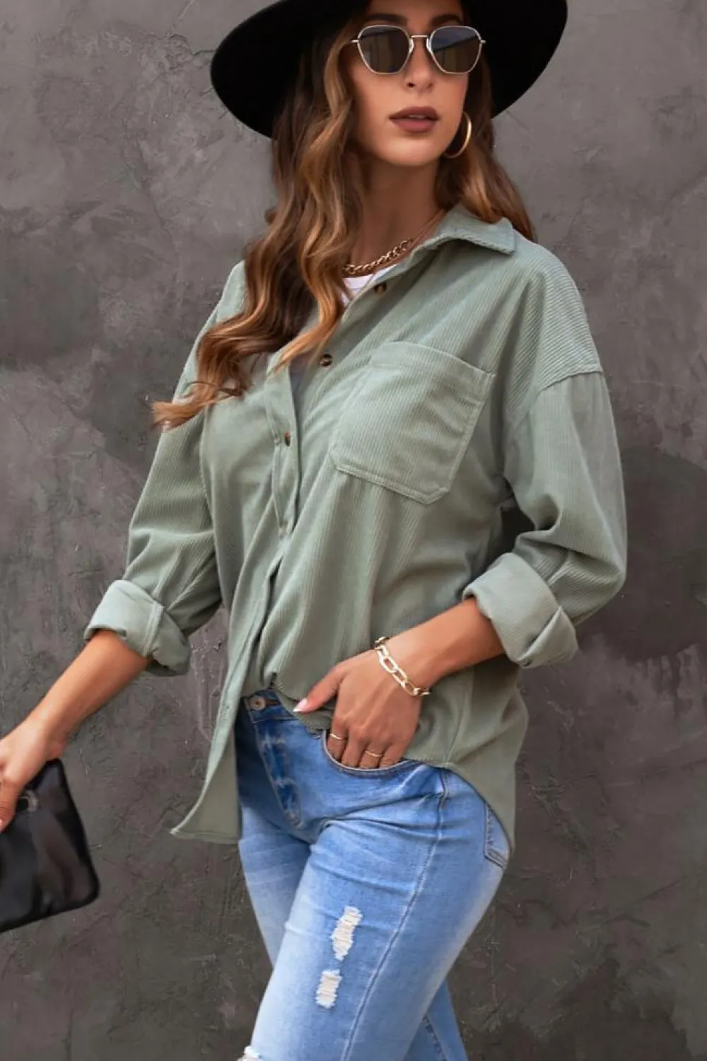 New Dear-Lover Corduroy Button Pocket Shirt Gray