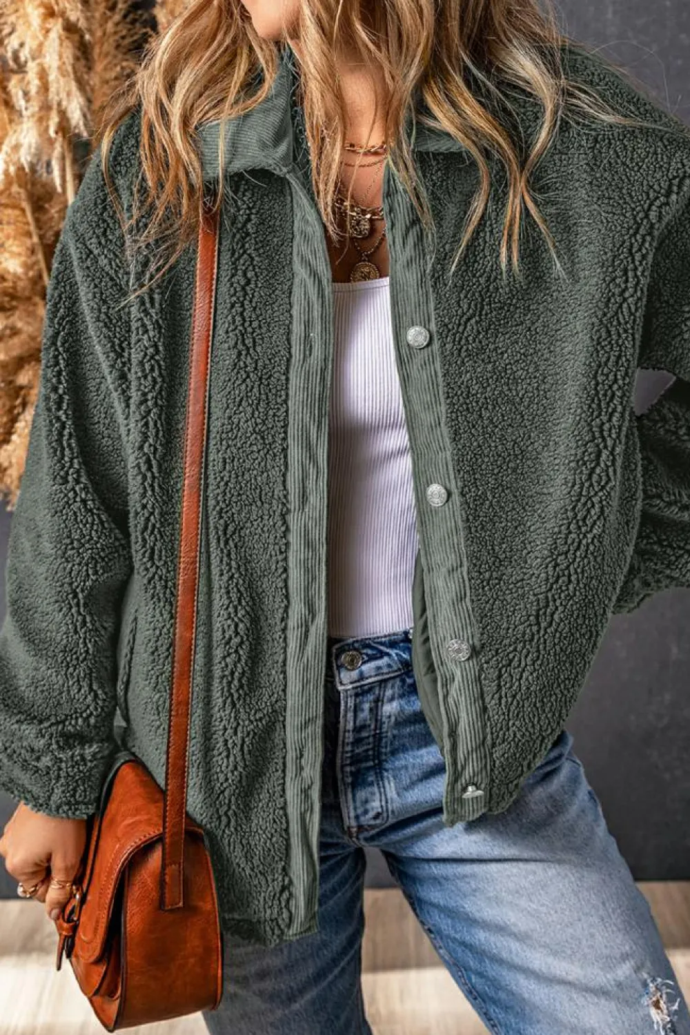 New Dear-Lover Corduroy Trim Elbow Patch Sherpa Jacket Gray