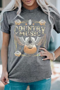 Online Dear-Lover COUNTRY MUSIC Guitar Graphic Print Crew Neck T Shirt Gray