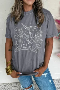 Fashion Dear-Lover Cowgirl Boots OX Head Western Fashion Print Crewneck Tee Gray