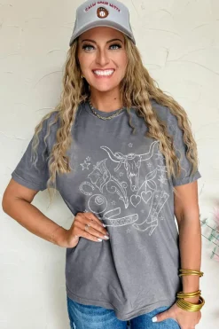 Fashion Dear-Lover Cowgirl Boots OX Head Western Fashion Print Crewneck Tee Gray