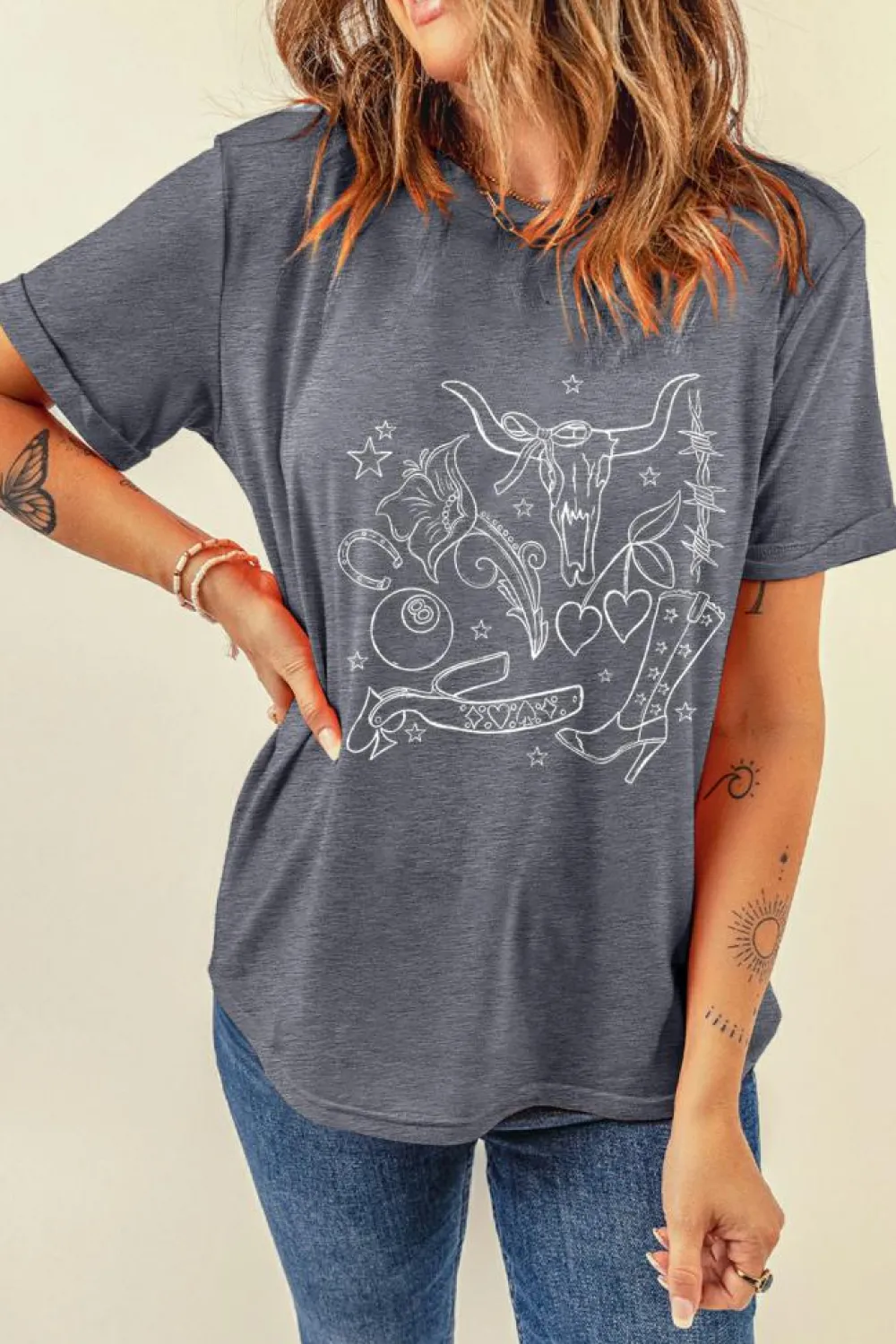 Fashion Dear-Lover Cowgirl Boots OX Head Western Fashion Print Crewneck Tee Gray