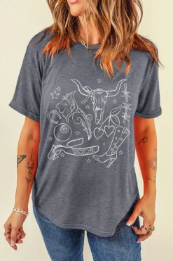 Fashion Dear-Lover Cowgirl Boots OX Head Western Fashion Print Crewneck Tee Gray