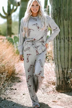 Online Dear-Lover Cowgirl Boots Printed Long Sleeve Top Pants Lounge Set Gray