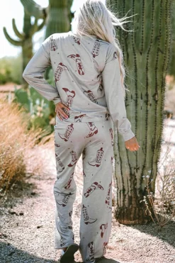 Online Dear-Lover Cowgirl Boots Printed Long Sleeve Top Pants Lounge Set Gray