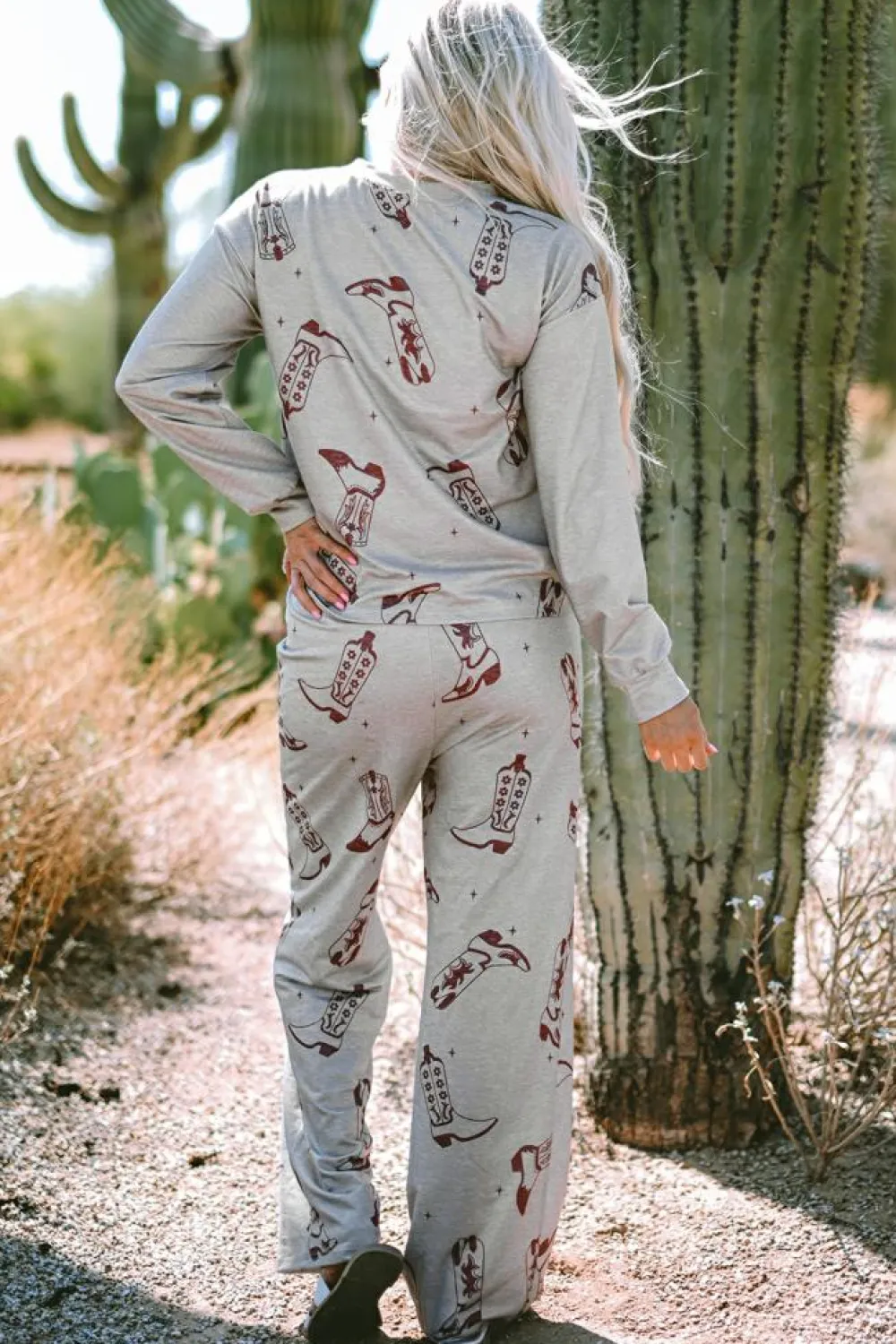 Online Dear-Lover Cowgirl Boots Printed Long Sleeve Top Pants Lounge Set Gray