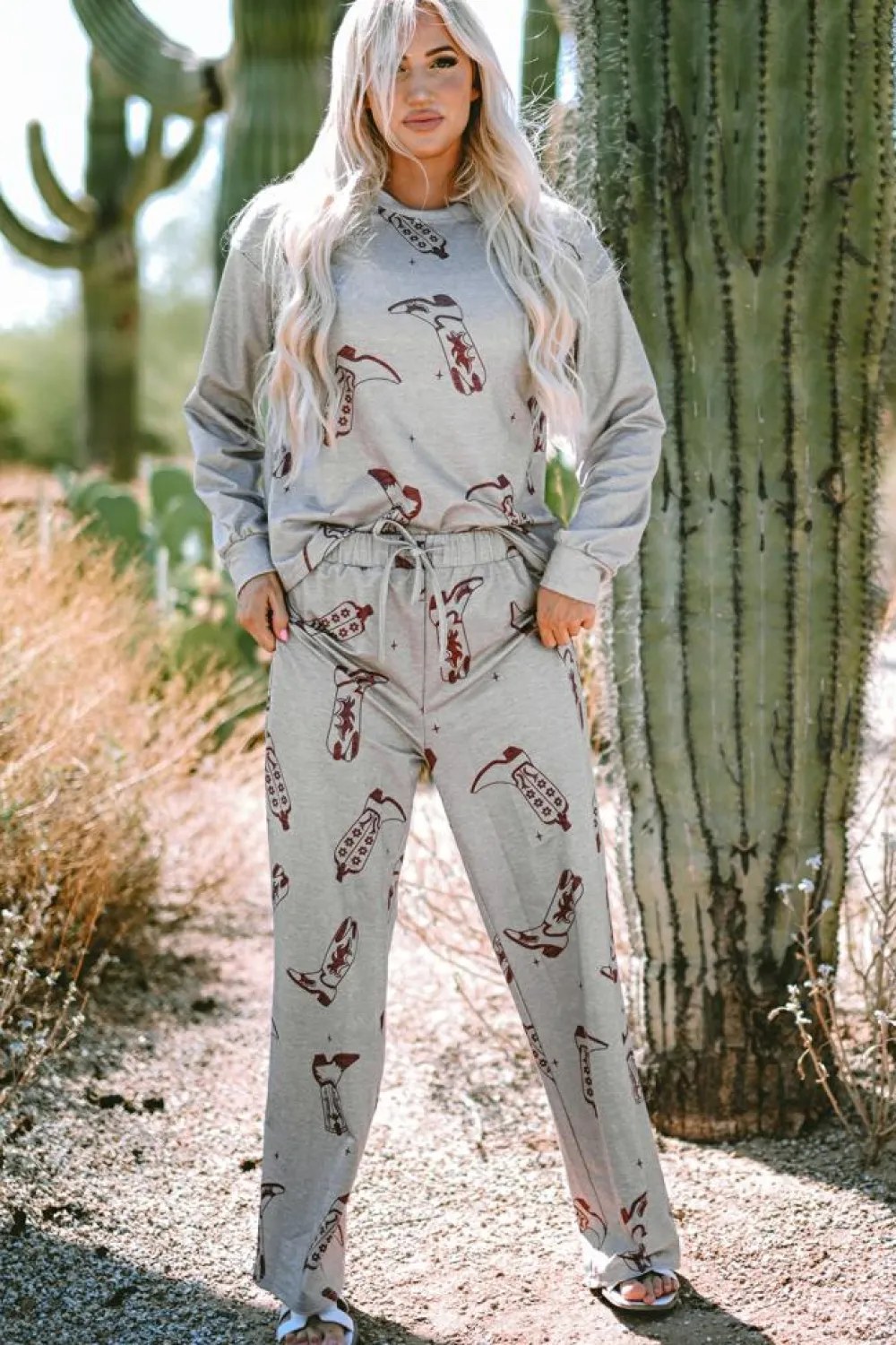 Online Dear-Lover Cowgirl Boots Printed Long Sleeve Top Pants Lounge Set Gray